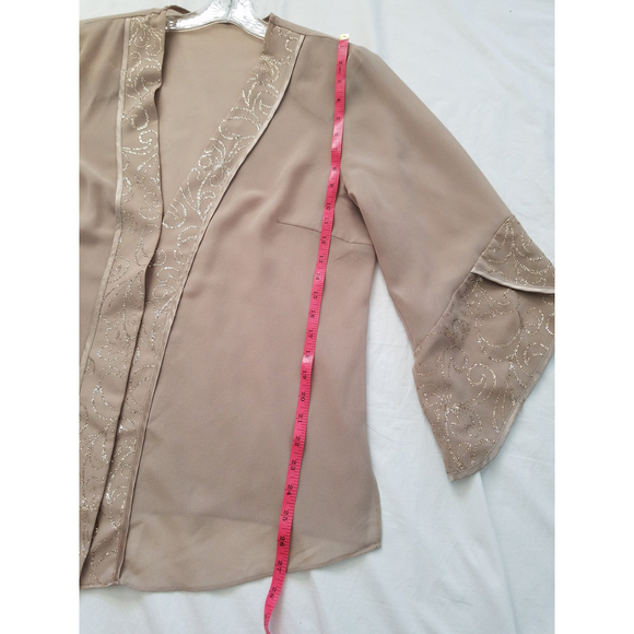 Vintage Brown Women Kimono Coat Blazer Shimmering Details Slit Bell Sleeves - Picture 9 of 10